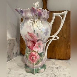 Antique RS PRUSSIA chocolate pot iridescent poppy flowers pink AS IS